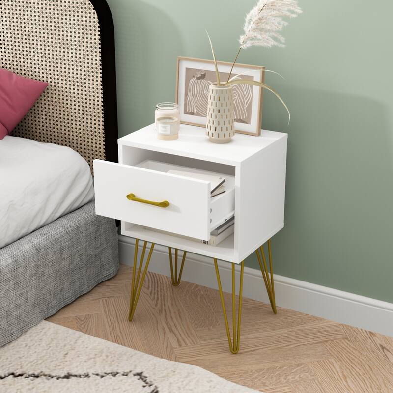 Kerrogee 1-Drawer Nightstand with Shelf - Metal Leg Bedside Table