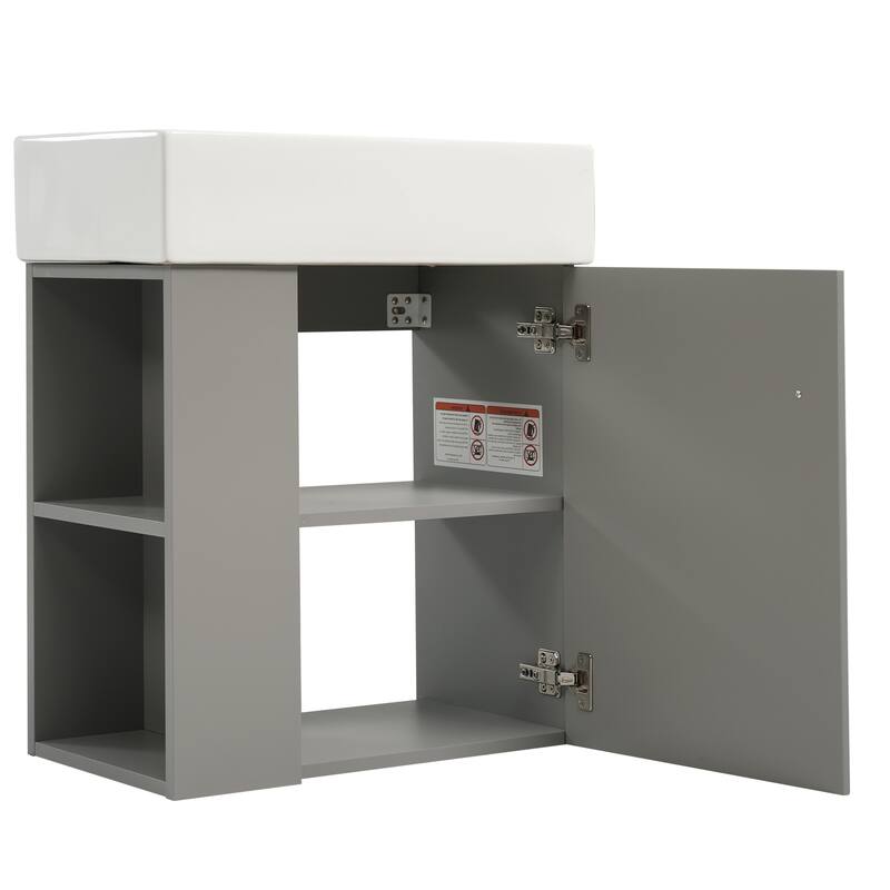 Floating Bathroom Vanity with Sink, Small Wall Mounted Bathroom Vanity, Bathroom Cabinet with Soft Close Door & Left Side Shelf