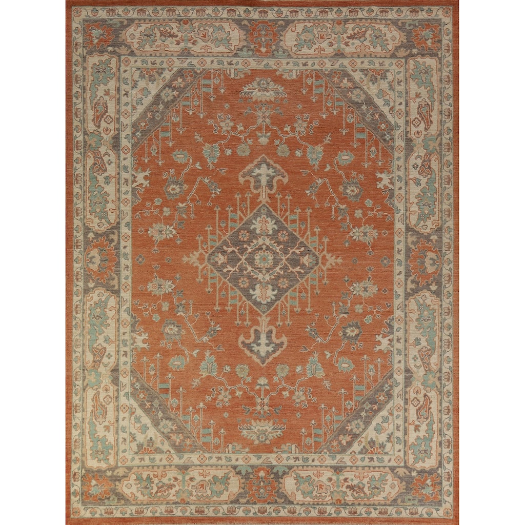 Hand Knotted Oriental 100% Wool Carpet Transitional Medallion Oranges & Rust Oushak Area Rug - 10' 1'' X 8' 5''