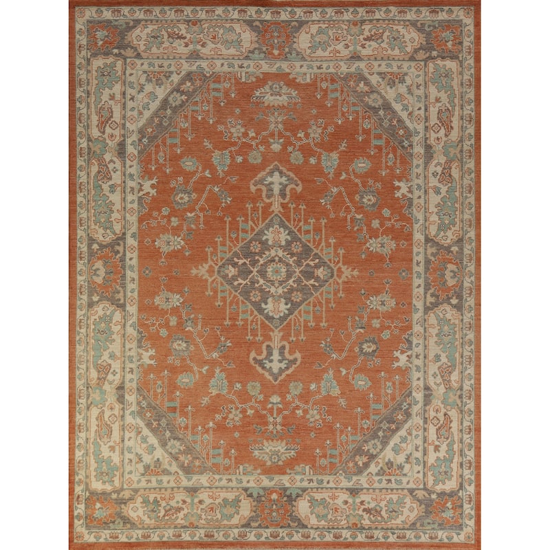 Hand Knotted Oriental 100% Wool Carpet Transitional Medallion Oranges & Rust Oushak Area Rug - 10' 1'' X 8' 5''