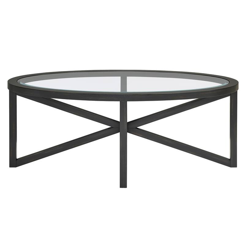 Roomfitters Modern Round Tempered Glass Coffee Table with Solid Wood Base, Clear Top Accent Table for Living Room