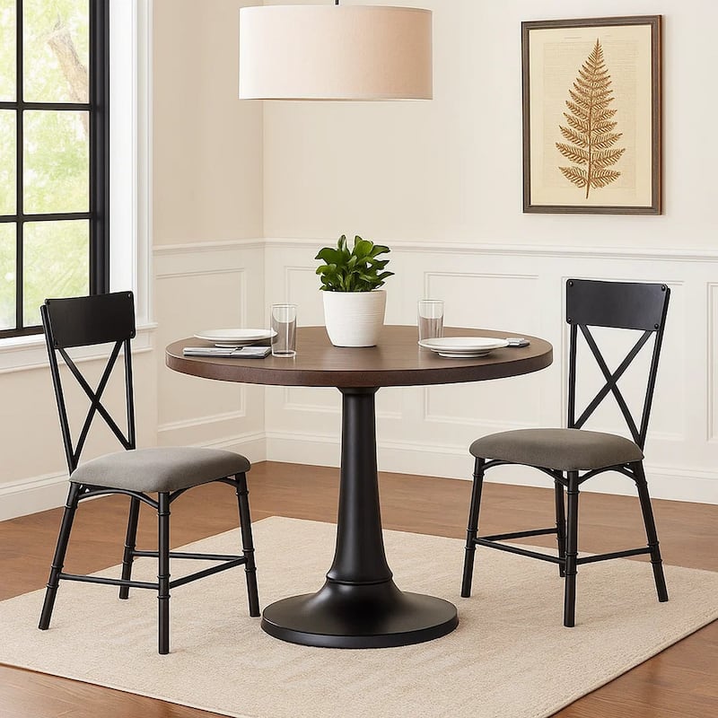 21 Inch Metal Dining Side Chair, Fabric Seat, X Back, Set of 2, Gray