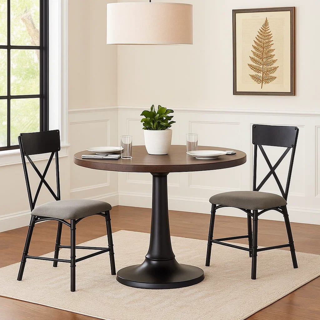 21 Inch Metal Dining Side Chair, Fabric Seat, X Back, Set of 2, Gray