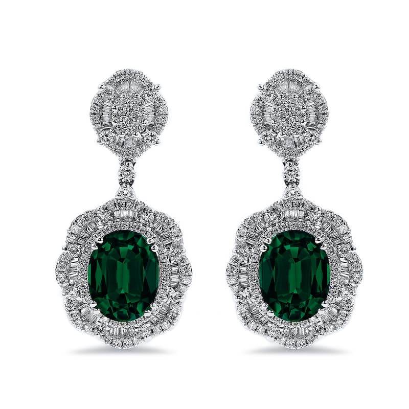 Auriya 4 9/10ct Fancy Oval-cut Emerald Halo Diamond Drop Earrings 2 5/8ctw 18k Gold