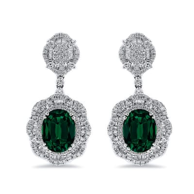 Auriya 4 9/10ct Fancy Oval-cut Emerald Halo Diamond Drop Earrings 2 5/8ctw 18k Gold