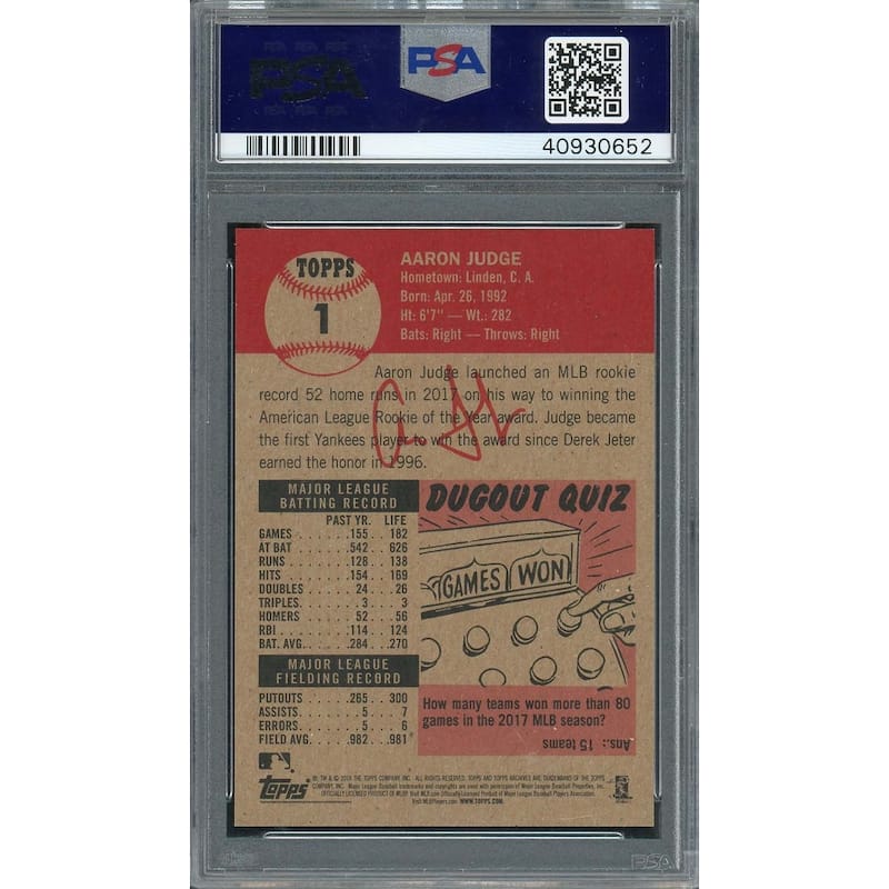Aaron Judge 2018 Topps Living Baseball Card #1 Graded PSA 10 - 8'6" x 11'6"