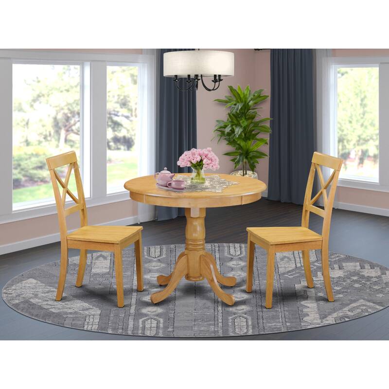 East West Furniture 3 Piece Modern Dining Table Set- a Round Kitchen Table with Pedestal and 2 Kitchen Dining Chairs, Oak - ANBO3-OAK-W