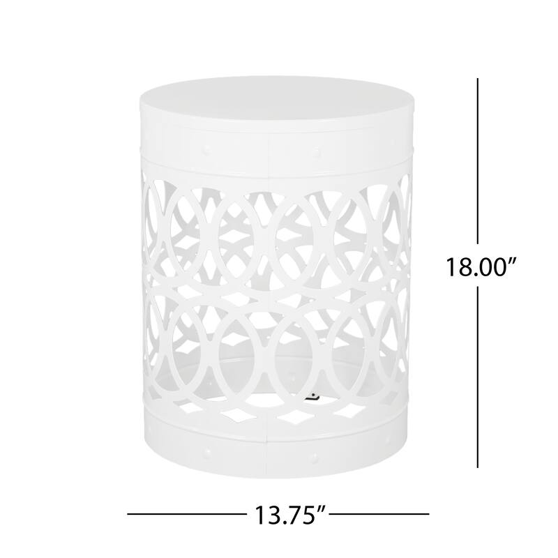 Feio Outdoor Side End Table 14 Inch Round Geometric Pattern White Iron