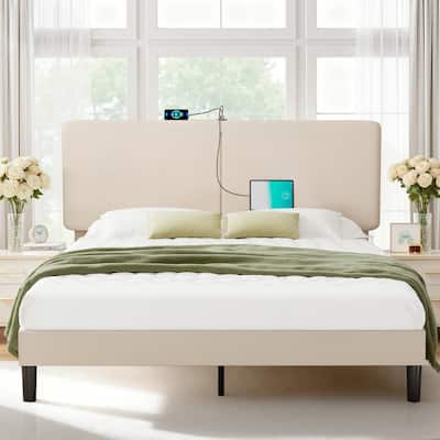 VECELO Adjustable Upholstered Split Headboard Bed Frame with Charging Station USB Port Type C No Box Spring Needed Noiseless Bed