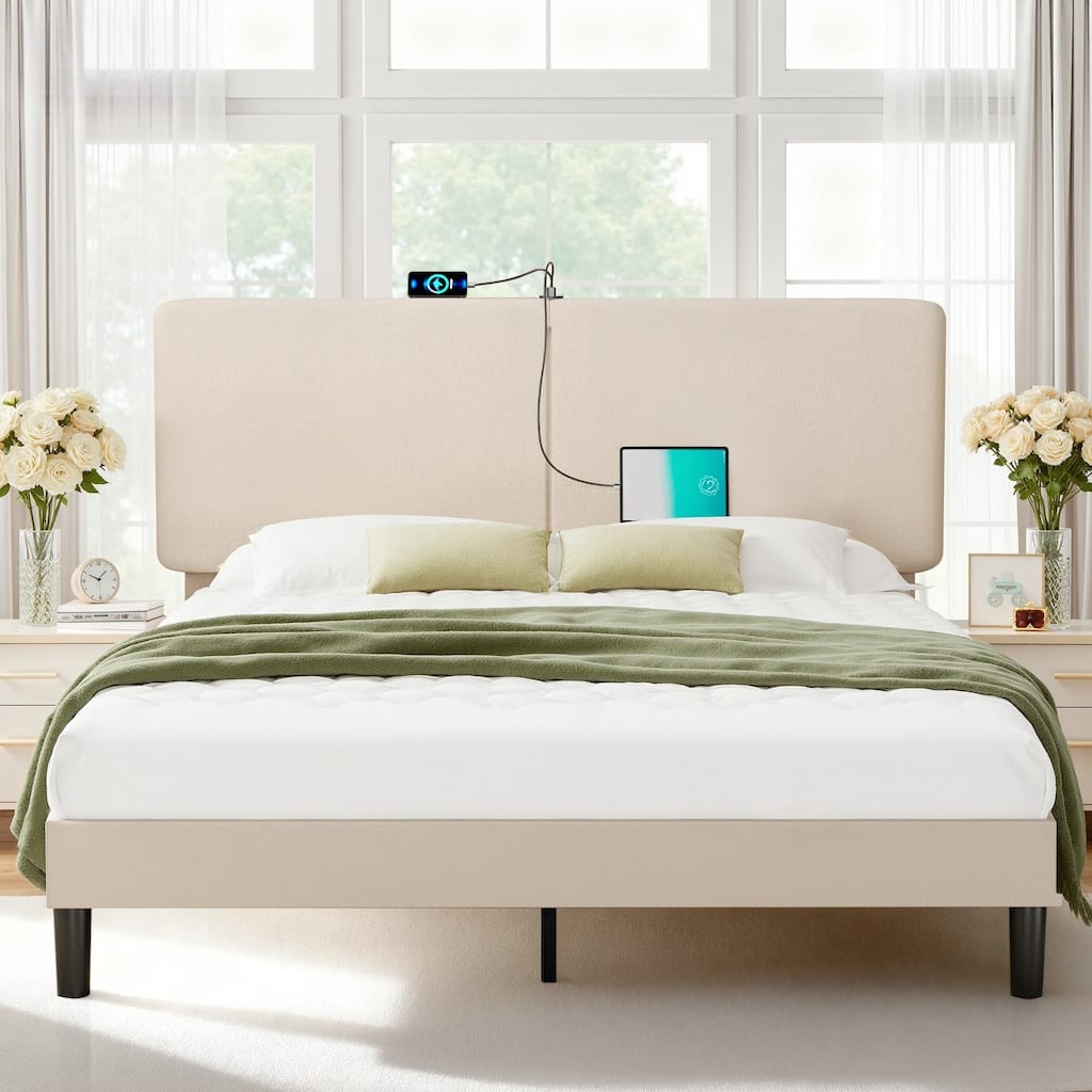 VECELO Adjustable Upholstered Split Headboard Bed Frame with Charging Station USB Port Type C No Box Spring Needed Noiseless Bed