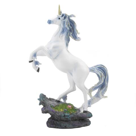 16" Gray and White Rearing Unicorn Figurine with Realistic Stand