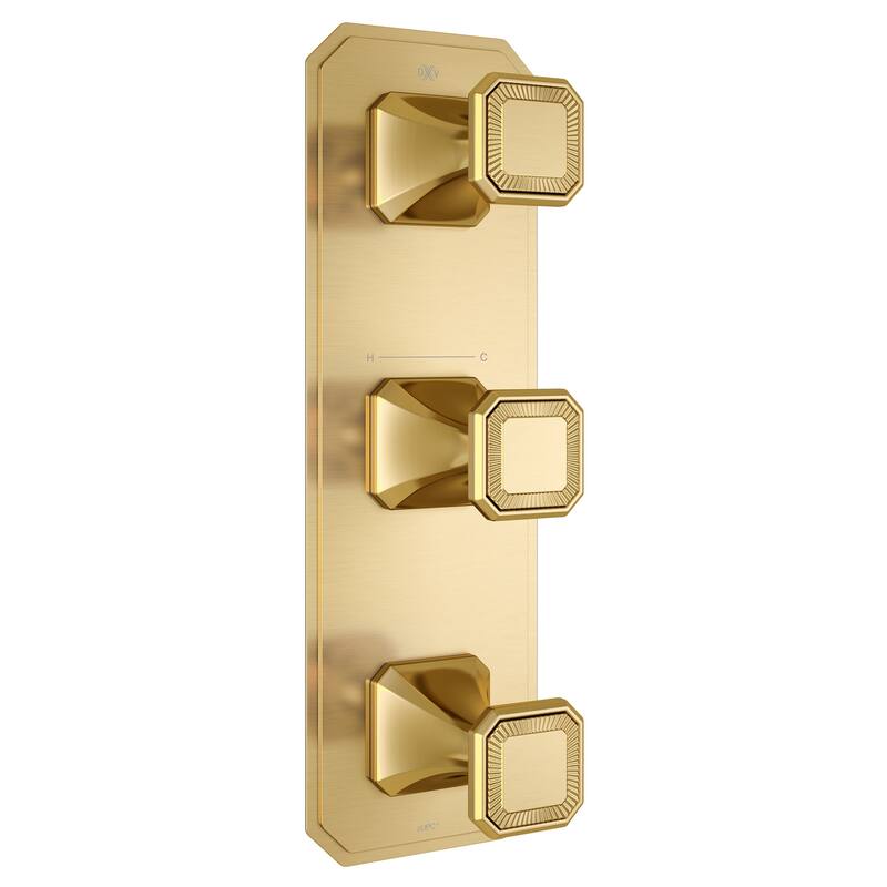 DXV Belshire Three-Handle Thermostatic Valve Trim with Cushion Handles - Satin Brass