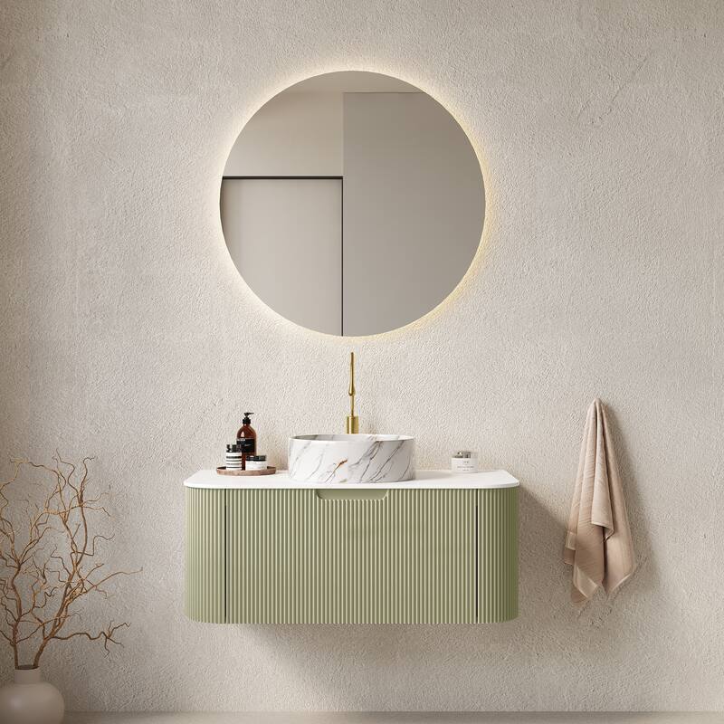 24 Inch/30 Inch/36 Inch Wall-Mounted Bathroom Vanity Cabinet with Counter Top Sink, Round Ceramic Basin with Stone Pattern - Light Green,White - 36 Inch