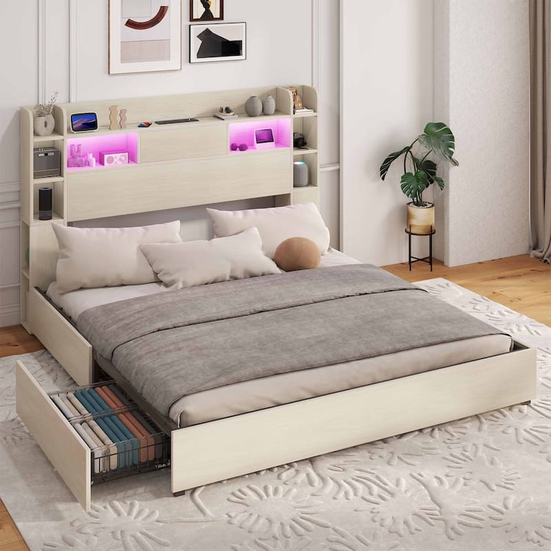 Queen/King Size LED Bed Frame with Bookcase Headboard, 4 Storage Drawers and Charging Station - White - Queen