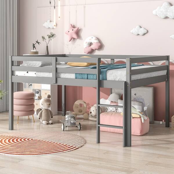 slide 2 of 6, Grey Full Size Pine Wood Loft Bed with Ladder for Kids Grey