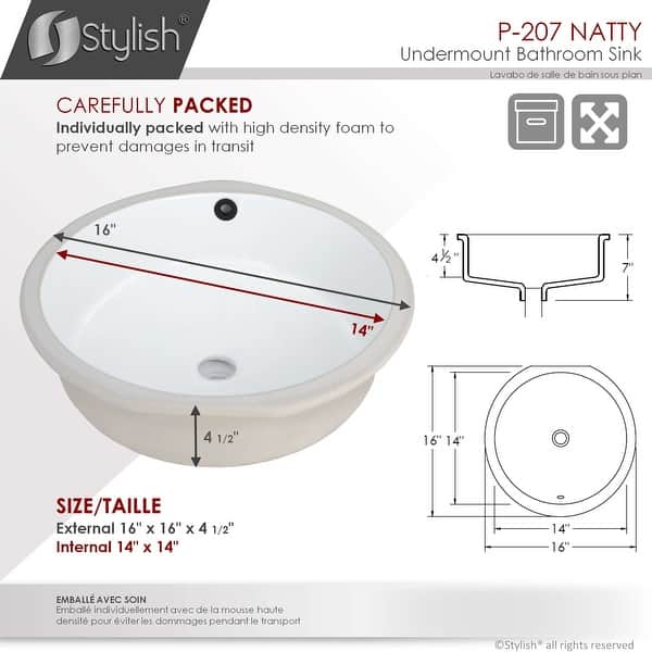 STYLISH 16 inches Round Undermount Ceramic Bathroom Sink with 2 Overflow Finishes - 16" x 16" x 7"