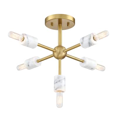 Star Dust 16.5 in. 5-Light Brushed Gold Mid-Century Modern Semi Flush Mount with Natural Marble Accents for Bedrooms - 12.5