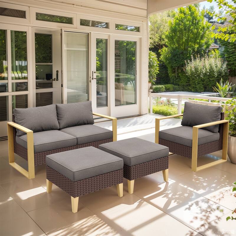 4 Piece Outdoor Patio Loveseat Chair Ottoman Sets - Grey - Brown