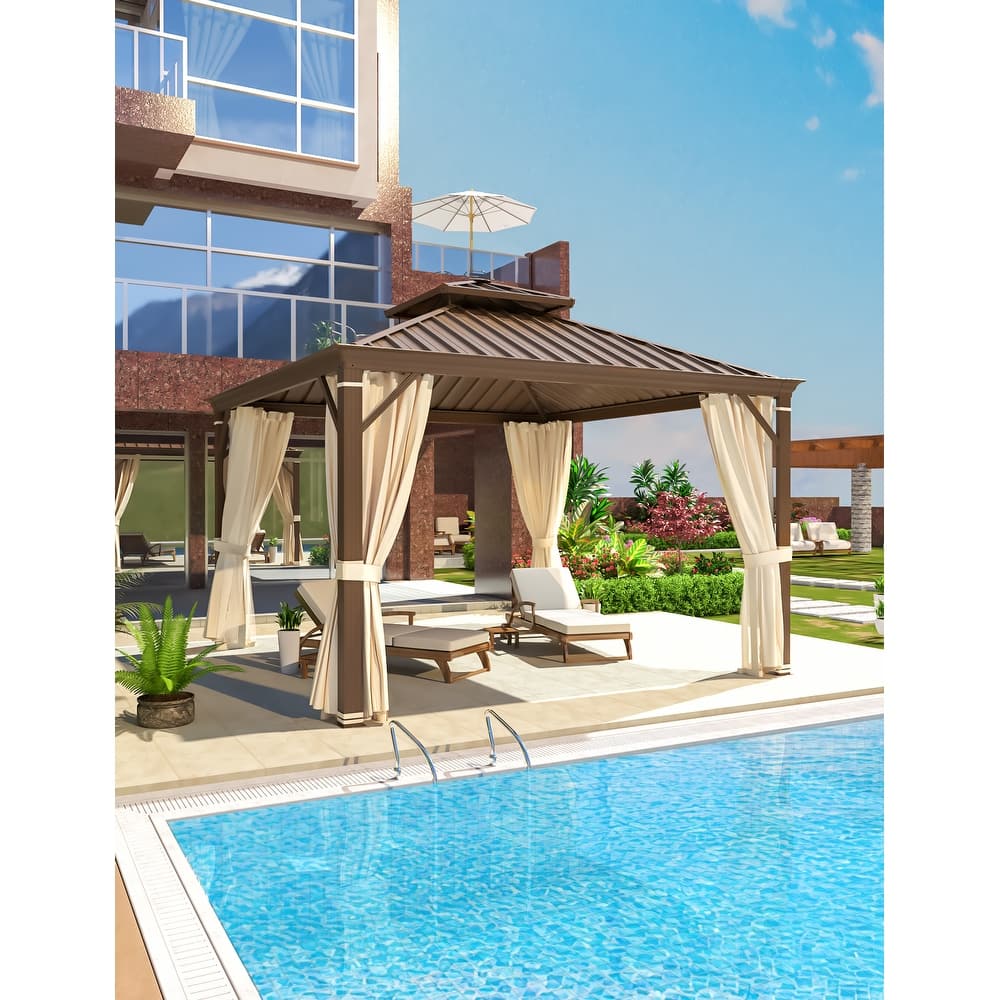 EROMMY Hardtop Gazebo with Galvanized Steel Roof and Curtains, Outdoor Aluminum Pavilion for Patio, Backyard, Lawn