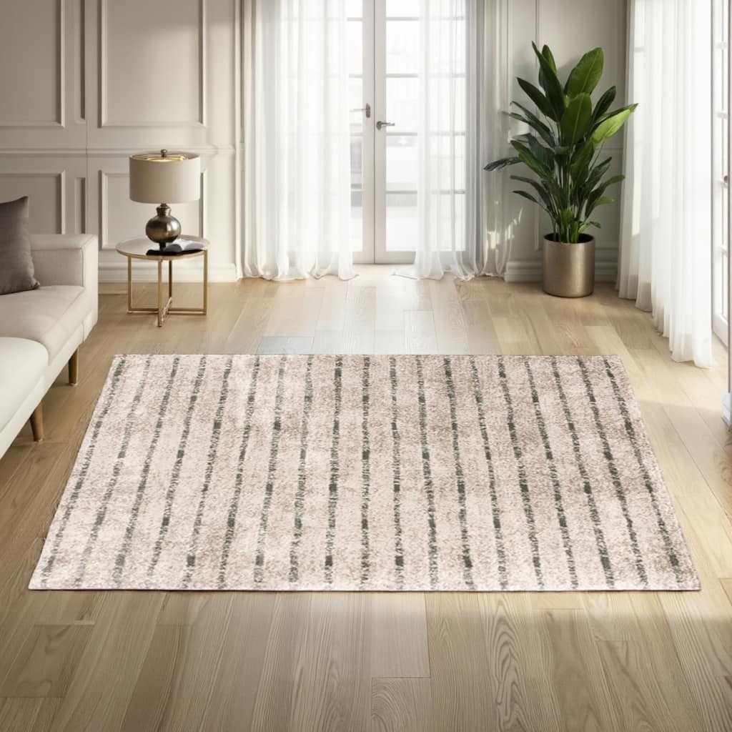 Bony 5 x 7 Area Rug, Striped Design Cream and Sage, Soft Pile, Jute Back - 5' x 7'