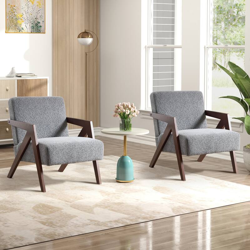 Accent Chair with Wood Frame, Upholstered Reading Armchair with Soft Linen Fabric, Accent Chair for Living Room Bedroom - Grey - 2PCS