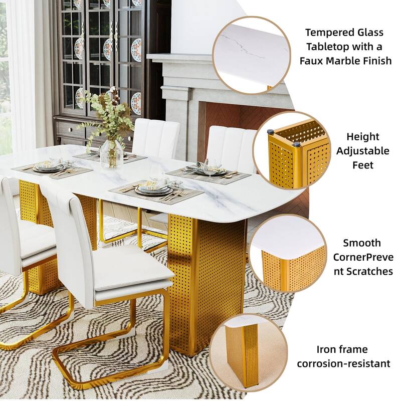 Modern Marble-Patterned Tempered Glass Dining Table, Rectangular Kitchen Table with Dual-Pedestal Metal Base
