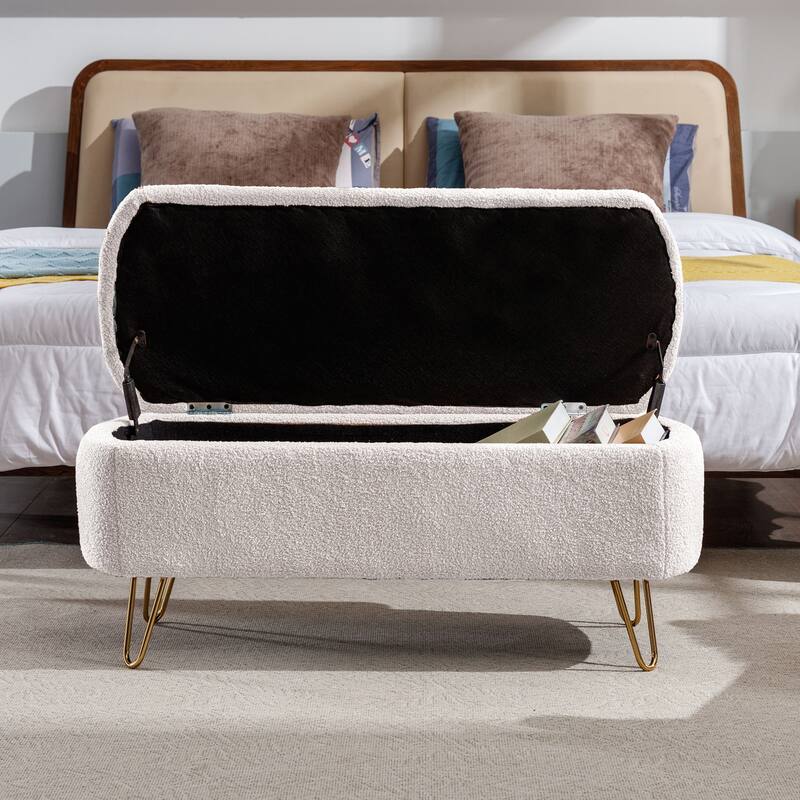 Ivory White Gold-Leg Storage Ottoman Bench for Entryway & Bedroom Chic