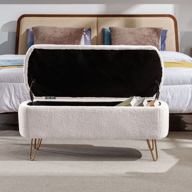 Upholster Storage Ottoman Bench with Faux Fur - 39.37"L x 15.75"W x 15.5"H