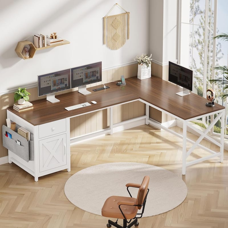63" L Shaped Desk Corner Office Desk with Drawer Computer Desk - Brown & White