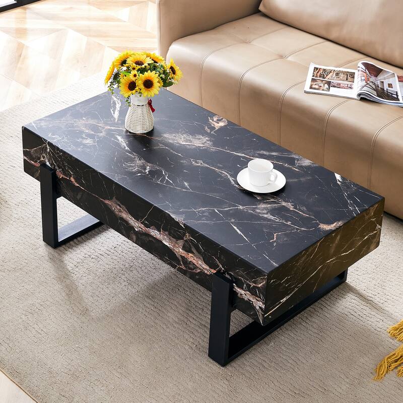 47.2" Modern Rectangular Coffee Table with Black Metal Legs and Anti-Slip Bottom Design