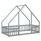 preview thumbnail 11 of 16, Wood House-Shaped Twin Floor House Bed with Fence,Guardrails,Kids and Baby