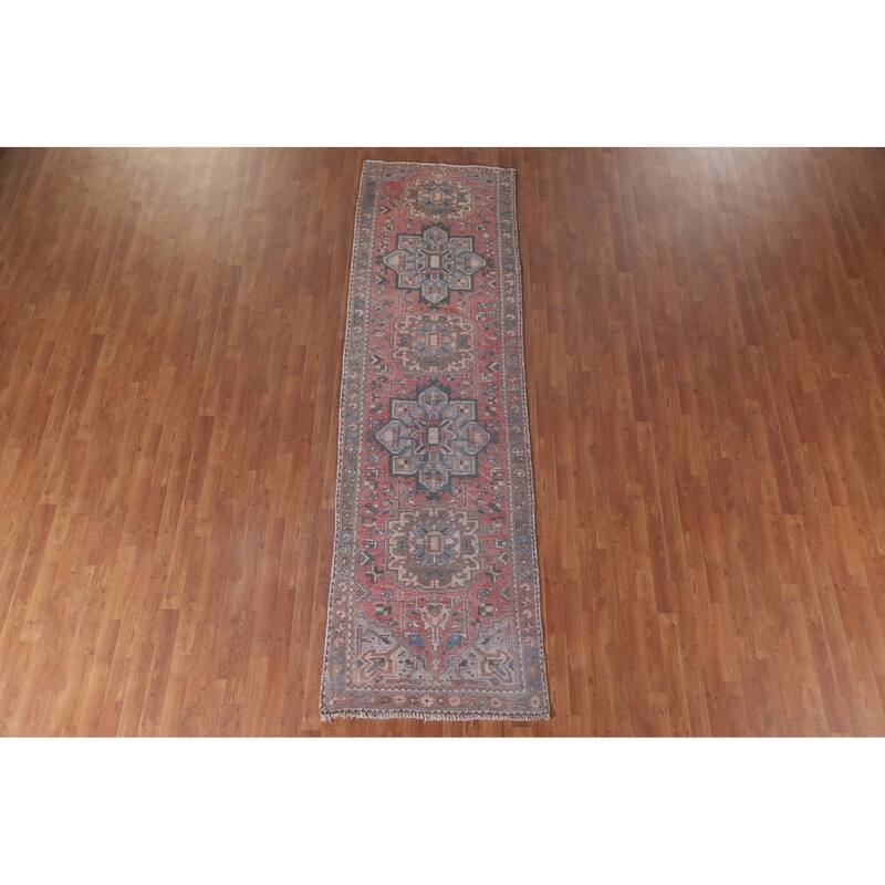 Hand Knotted Oriental 100% Wool Carpet Traditional Geometric Pink Hamedan Runner Rug - 10' 10'' X 3' 2''
