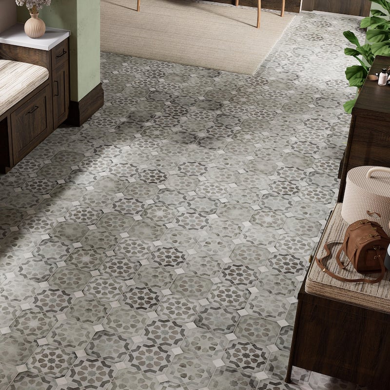 Merola Tile Laverton Octagon Deco Sombra with Taco Gris 7-7/8" x 7-7/8" Porcelain Floor and Wall Tile