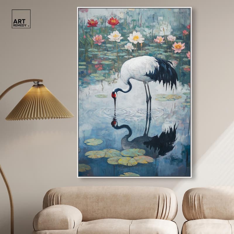 Crane in Lilies Canvas by Art Remedy