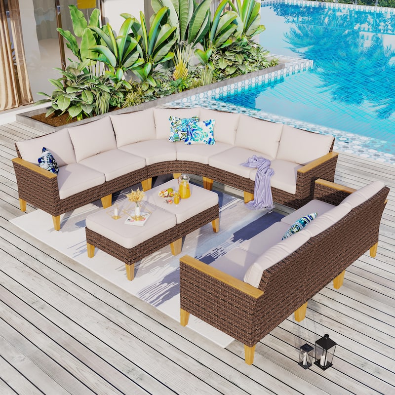 11-Piece Outdoor Wicker Half-Round Furniture Set, Half-Moon Sectional Sofa Set All Weather Rattan Curved Conversation Sets