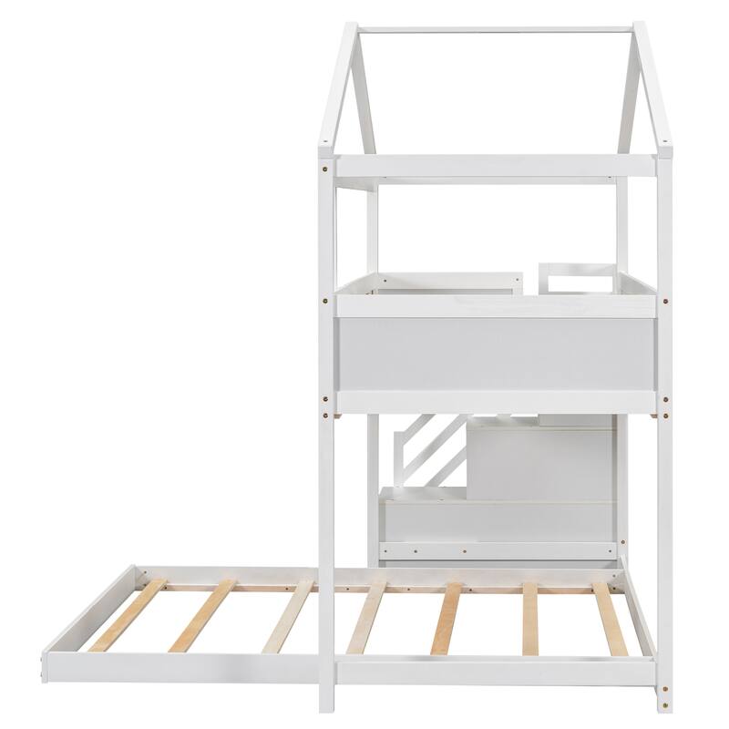 Twin Over Full Bunk Bed with Storage Staircase, Blackboard, and House Design