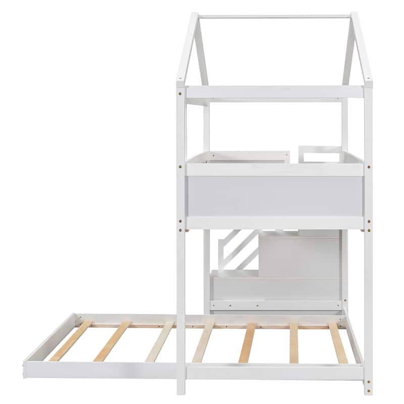 Twin over Full House Bunk Bed with Storage Staircase and Blackboard, White