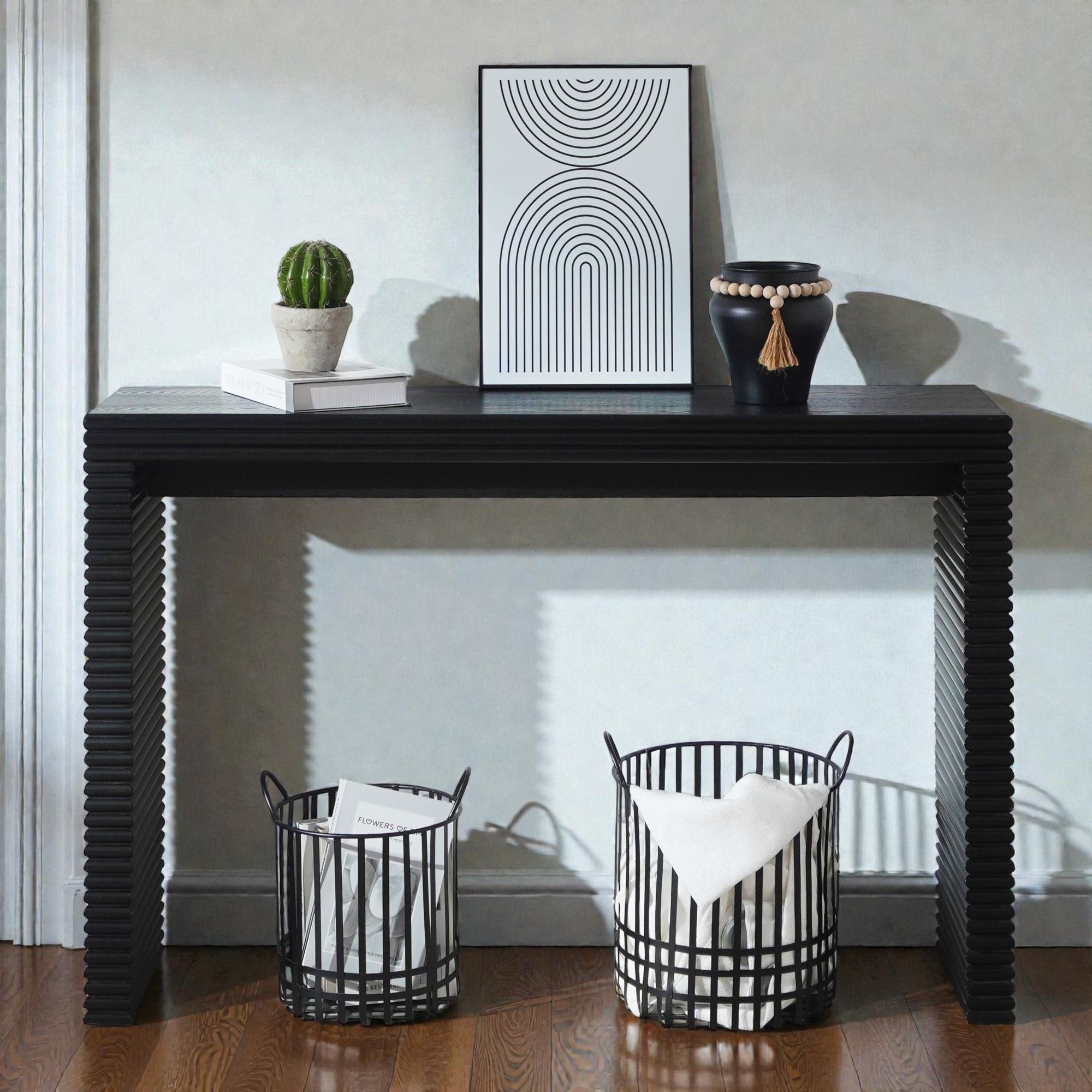 Modern Black Wood Console Table with Ribbed Legs, 47" Narrow Entryway Table for Hallway Living Room