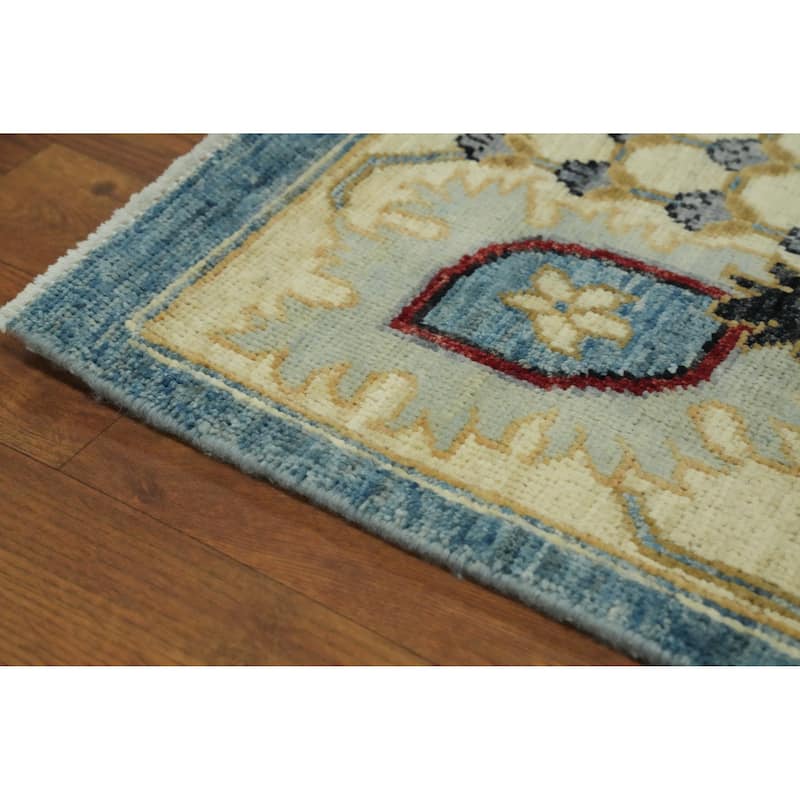 All-Over Floral Blue Oushak Vegetable Dye Area Rug, Floral Geometric Carpet - 11' 7'' X 8' 9''