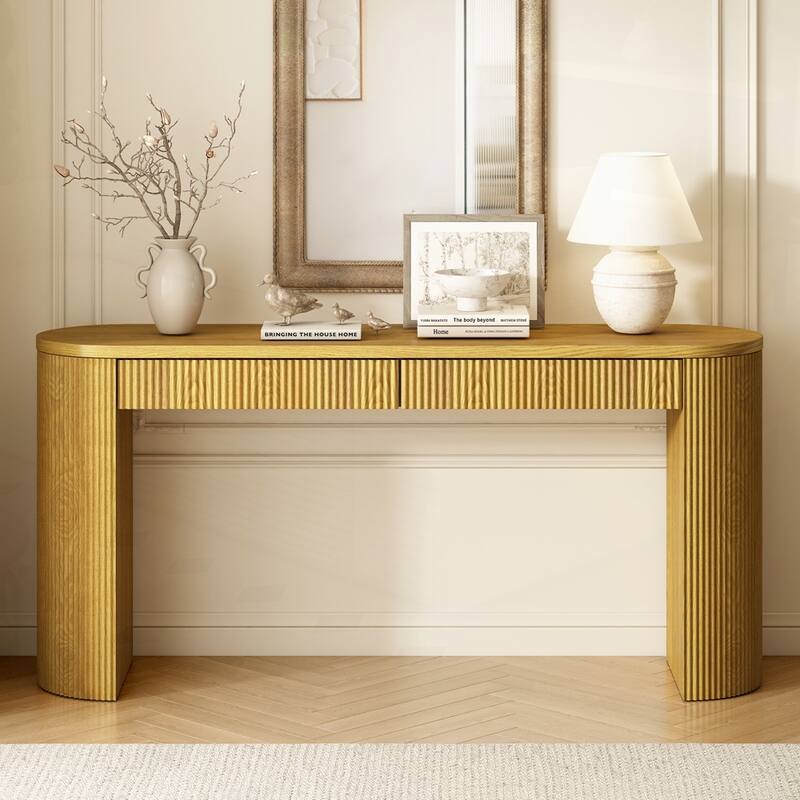 Sophisticated Console Table with Pine Veneer and Vertical Striped