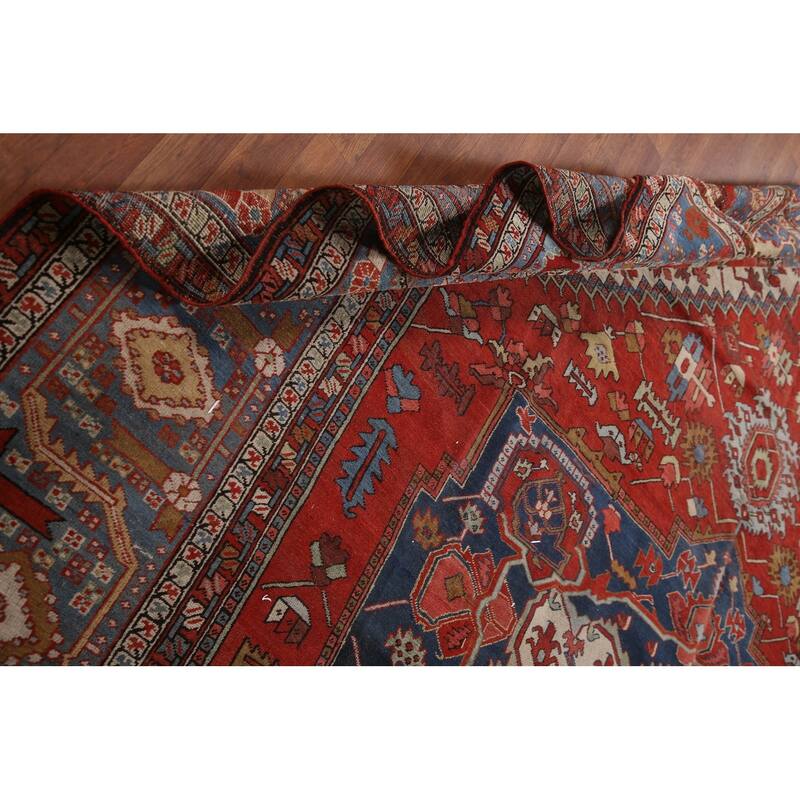 Pre-1900 Antique Heriz Serapi Persian Rug Handmade Wool Carpet - 11'0" x 12'10"