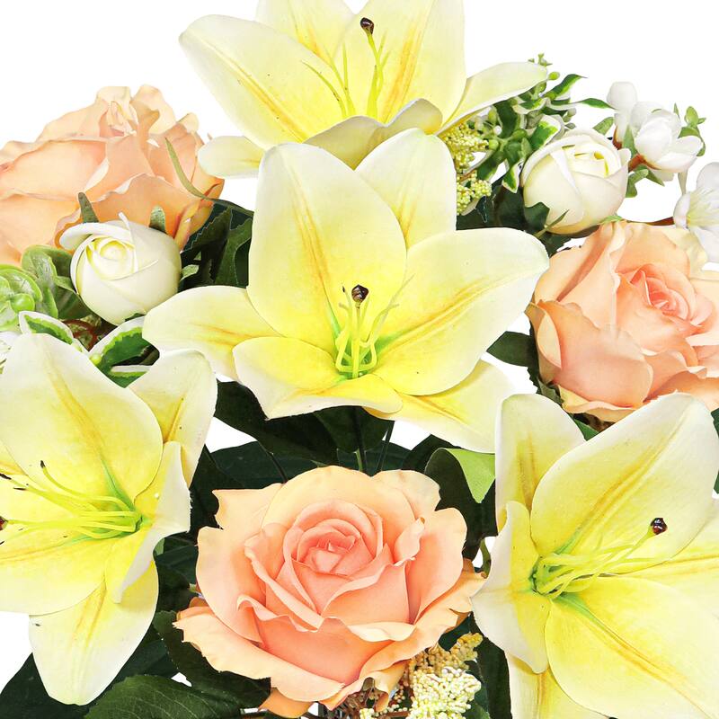 Set of 2 Yellow Peach Artificial Mixed Rose Lily Blossom Flower Stem Bush Bouquet 20in - 20" L x 13" W x 13" DP