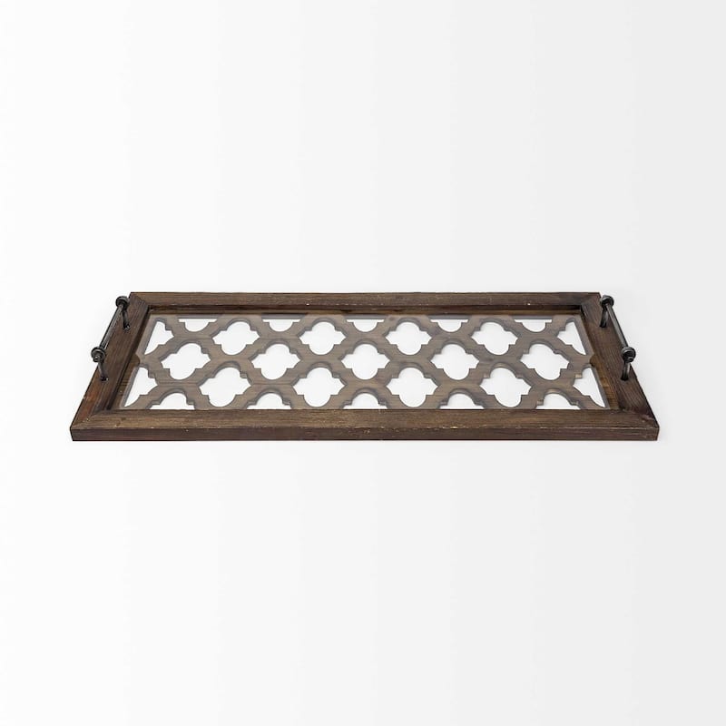 Medium Brown Wood With Metal Quatrefoil Pattern Glass Bottom Tray - 3" x 15"