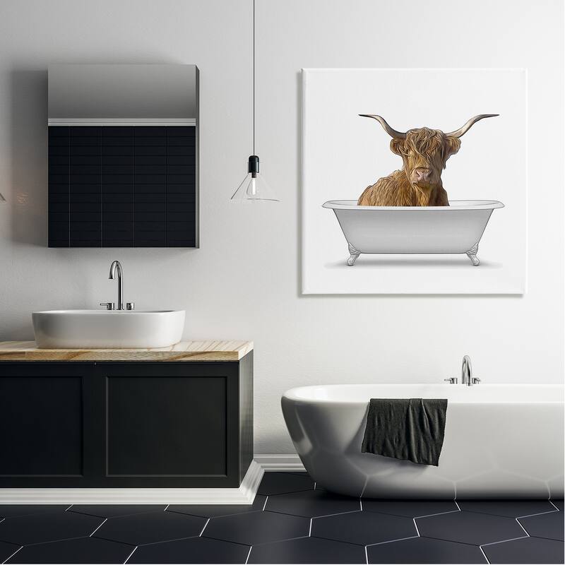 Stupell Longhorn Cattle Bathtub Minimalistic Cute Farmhouse Design Canvas Wall Art