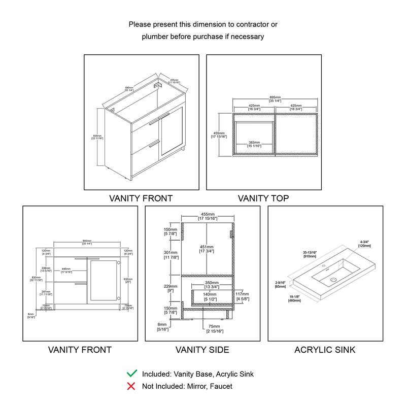 Blossom Hanover 36 Inch Bathroom Vanity with Topmount Acrylic Sink