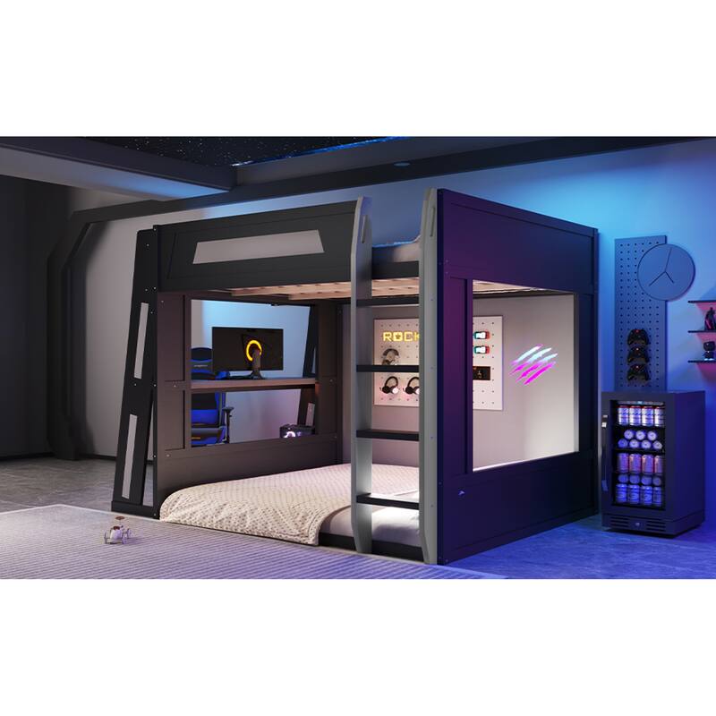 Roomfitters Queen Over Queen Gaming Bunk Bed with Desk, Storage Shelves and LED