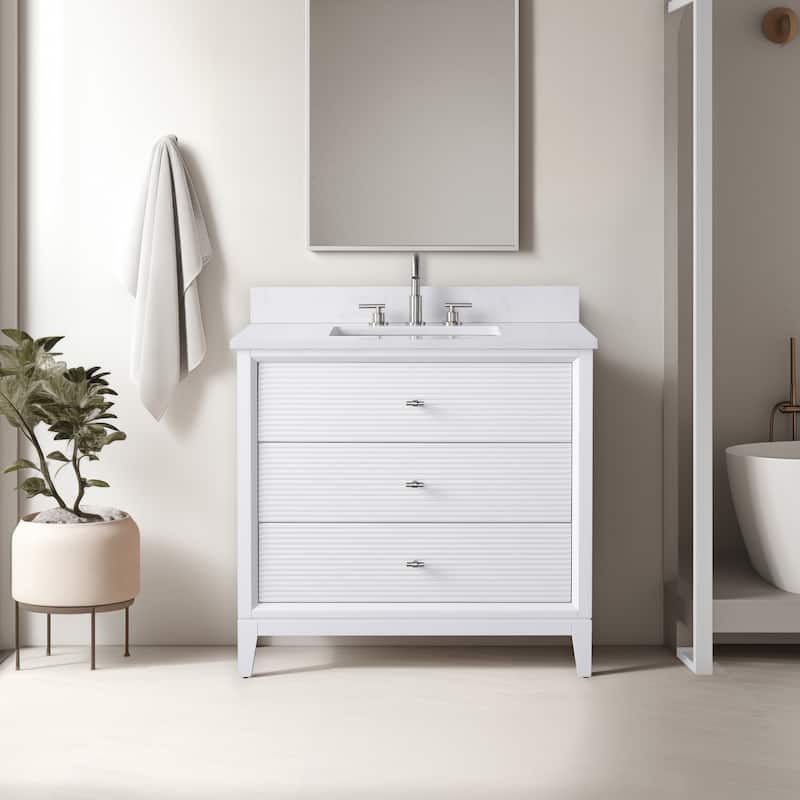 Vanity Art 36" Freestanding Bathroom Vanity with Engineered Marble Top and Sink - 36"/Brushed Nickel - White