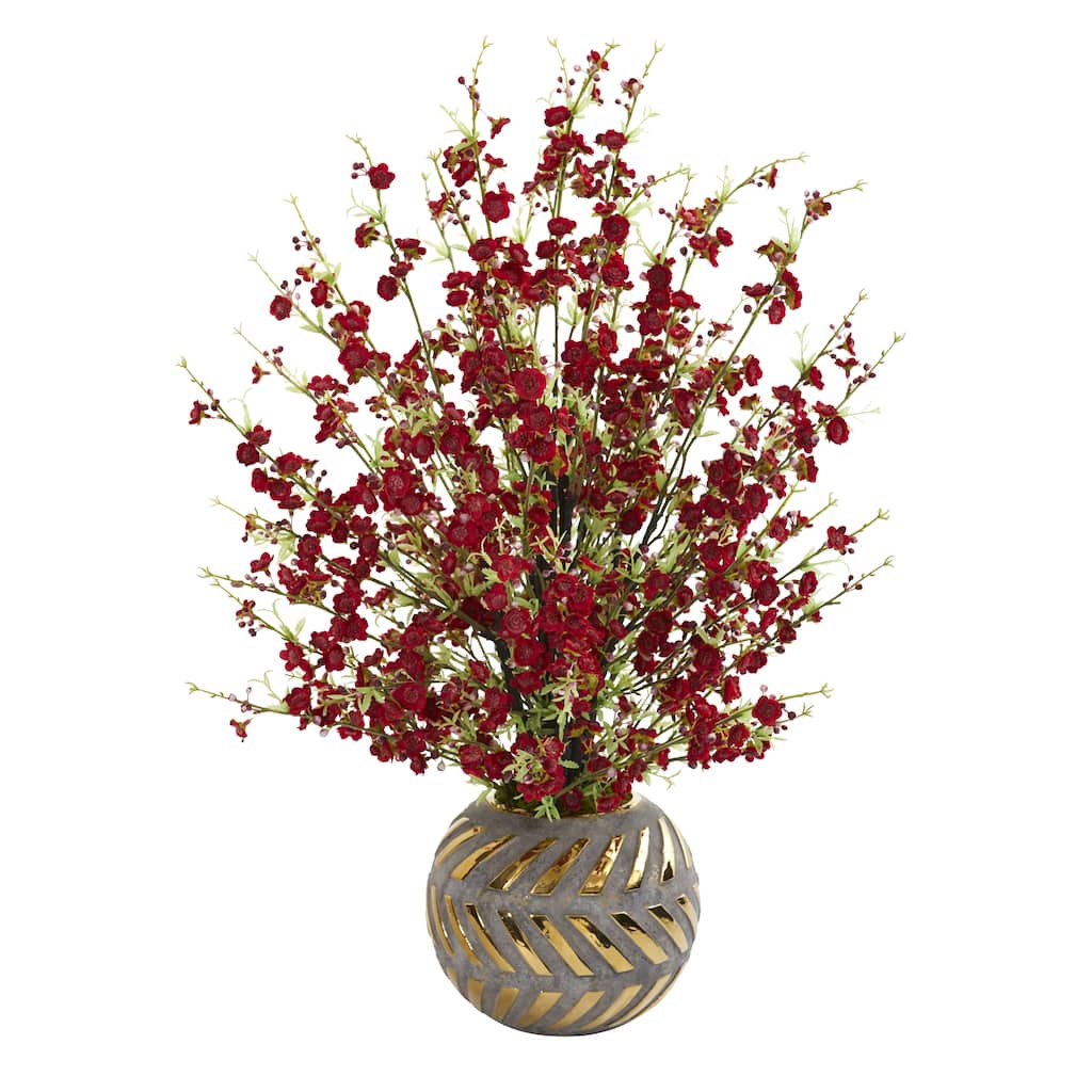 Cherry Blossom Artificial Arrangement in Stoneware Vase - 30" - Red and Gray