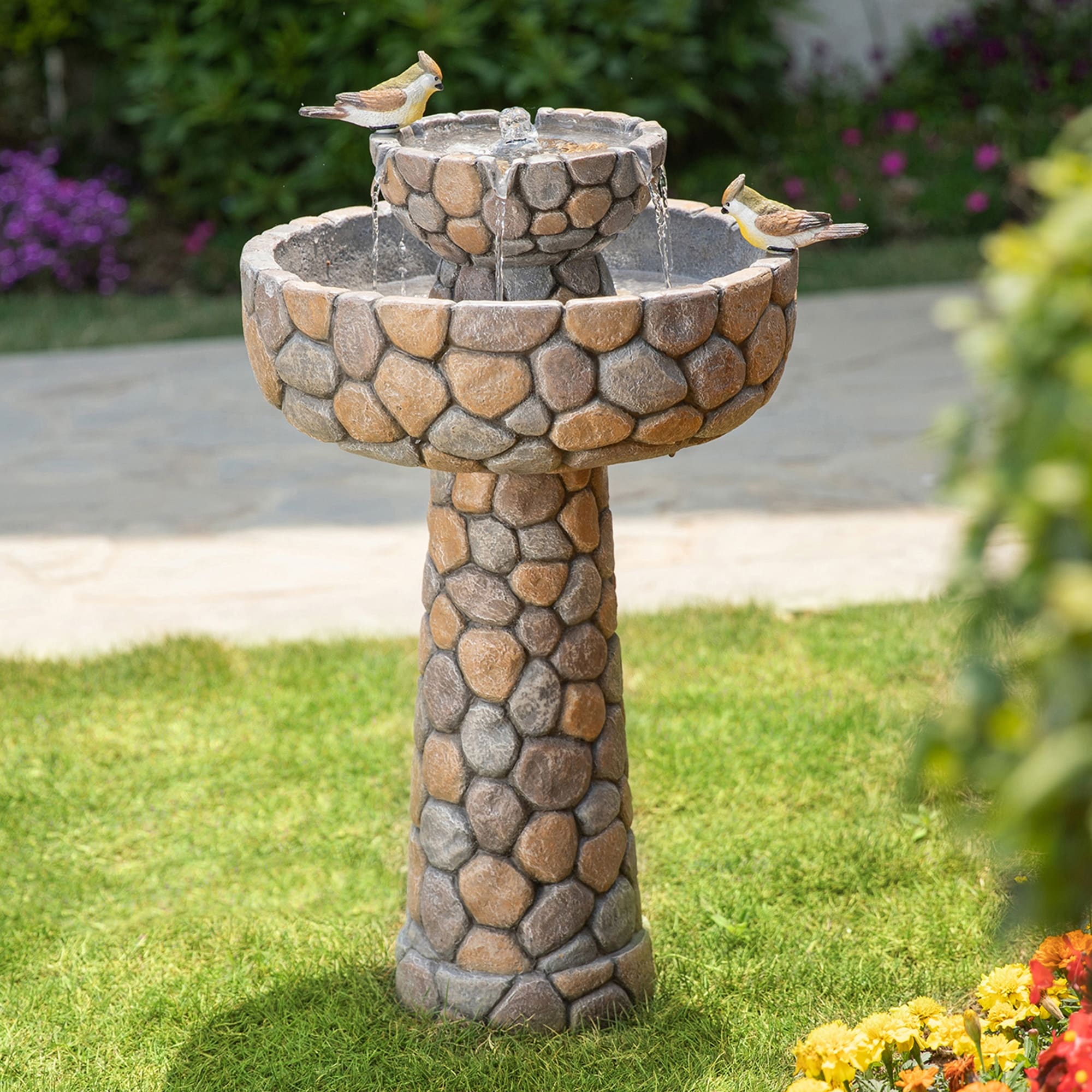 Glitzhome 24.5H/26H/27.5H Outdoor 2-tier Faux Pebbles Polyresin Birdbath Fountain with Pump