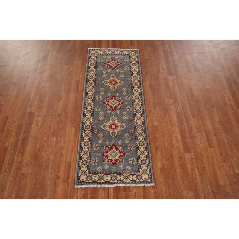 Geometric Kazak Runner Rug Hand-Knotted Floral Wool Carpet - 2'2" x 5'9"